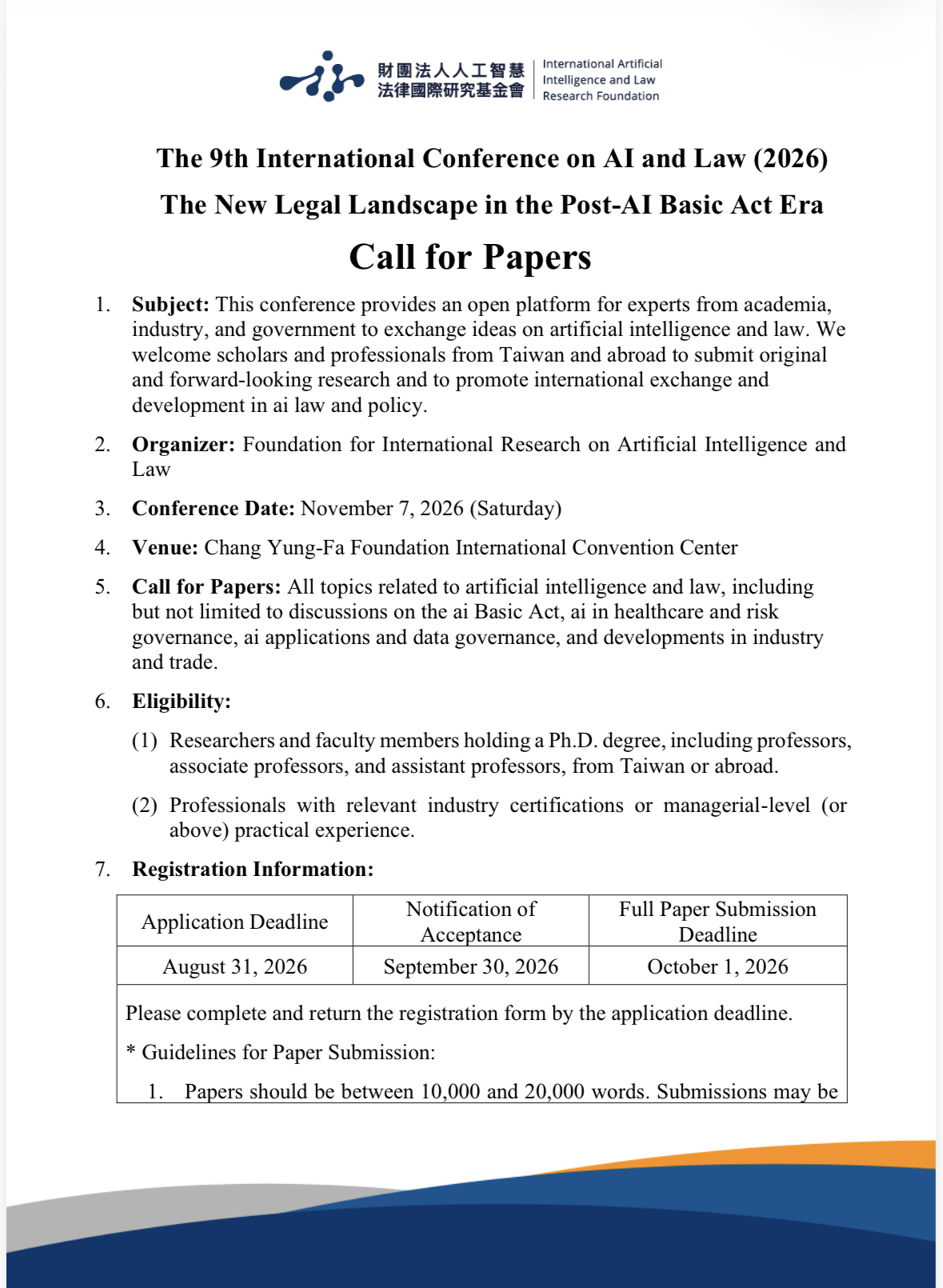 The 9th International Conference on AI and Law (2026) The New Legal Landscape in the Post-AI Basic Act Era Call for Papers